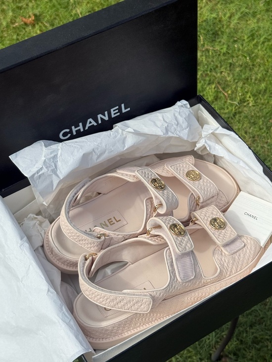 CHANEL Shoes - Chanel Pink Calfskin Printed Velcro "Dad" Medallion Sandals